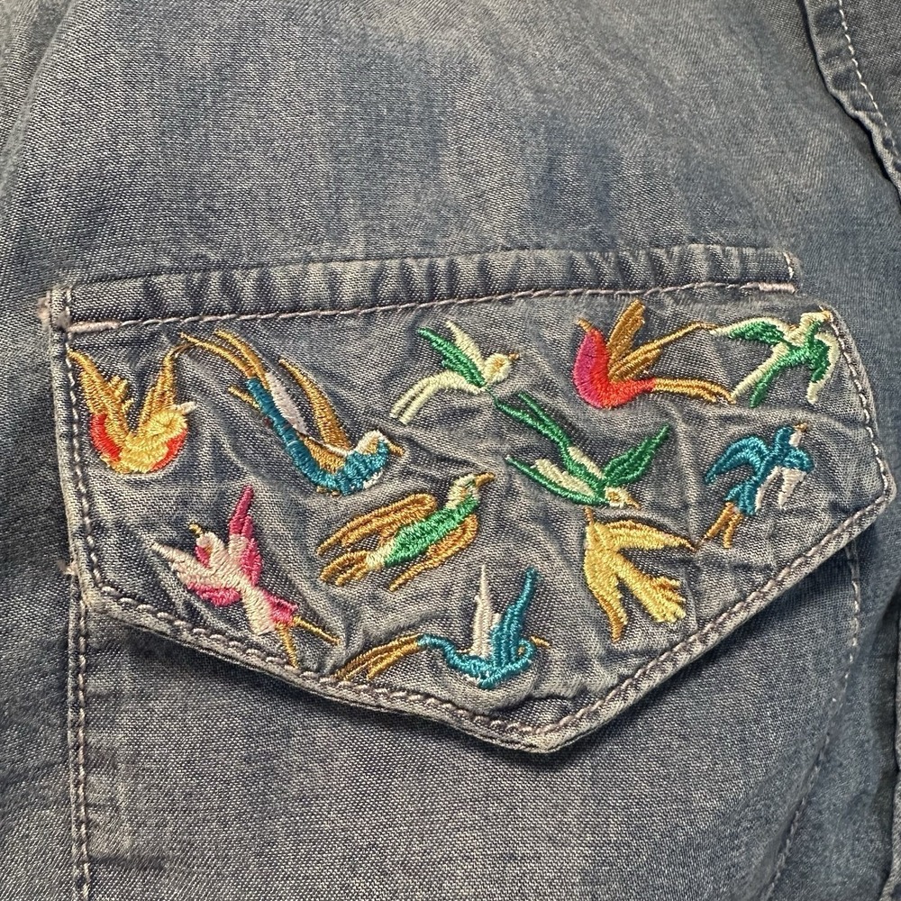The Kooples Jeans Shirt Women S Blue Embroidered Bird Lyocell Snap Front Western - Picture 5 of 15